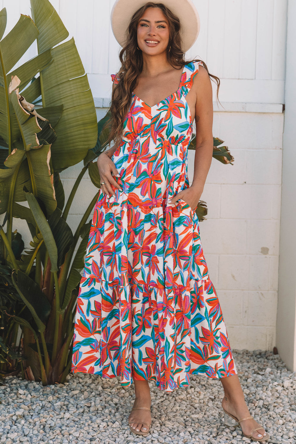 Red Boho Floral Ruffled Strap V Neck Maxi Dress-TOPS / DRESSES-[Adult]-[Female]-Red-S-2022 Online Blue Zone Planet