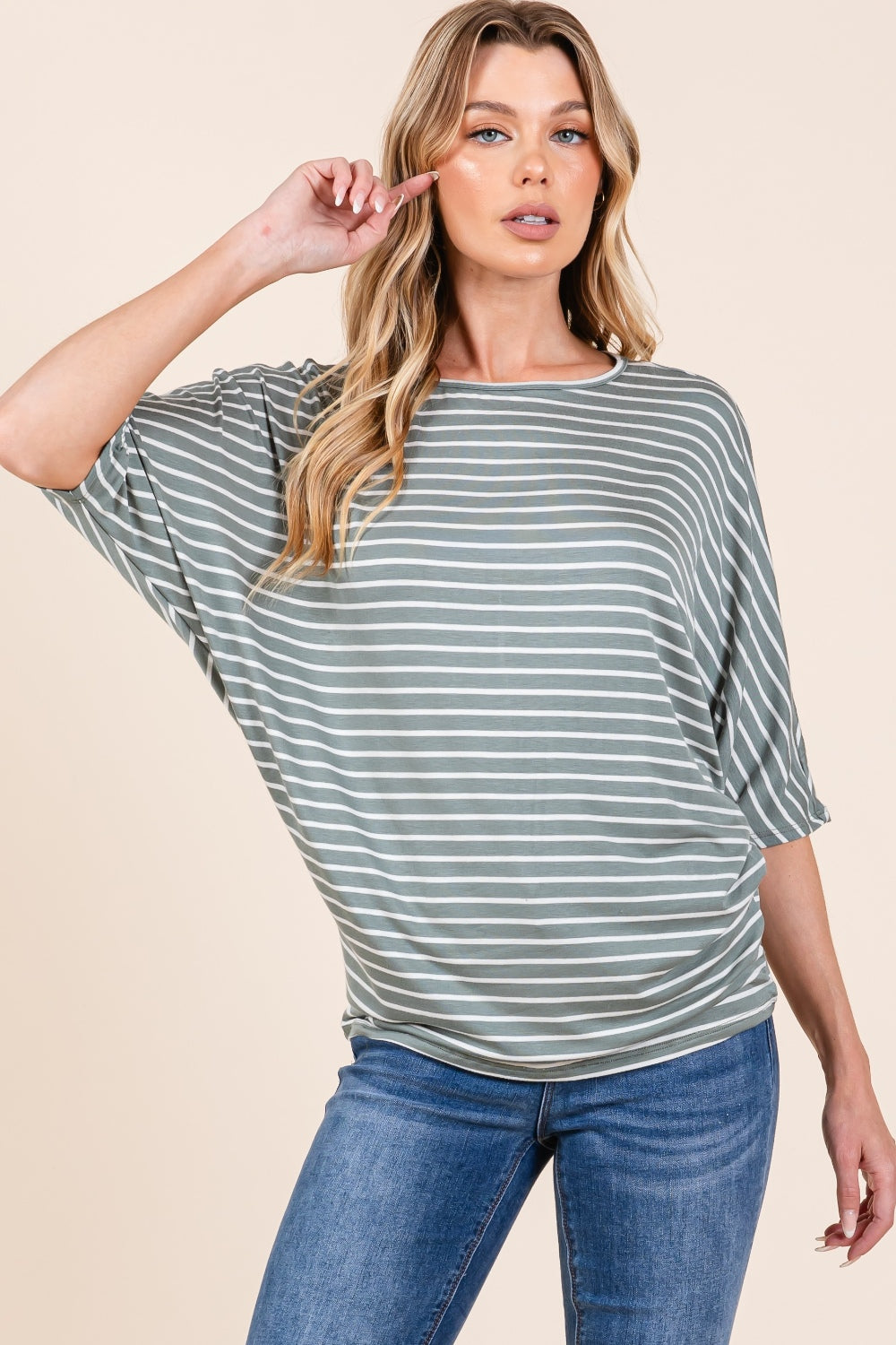 BOMBOM Striped Boat Neck Dolman Sleeve Top-TOPS / DRESSES-[Adult]-[Female]-Dusty Olive-S-2022 Online Blue Zone Planet