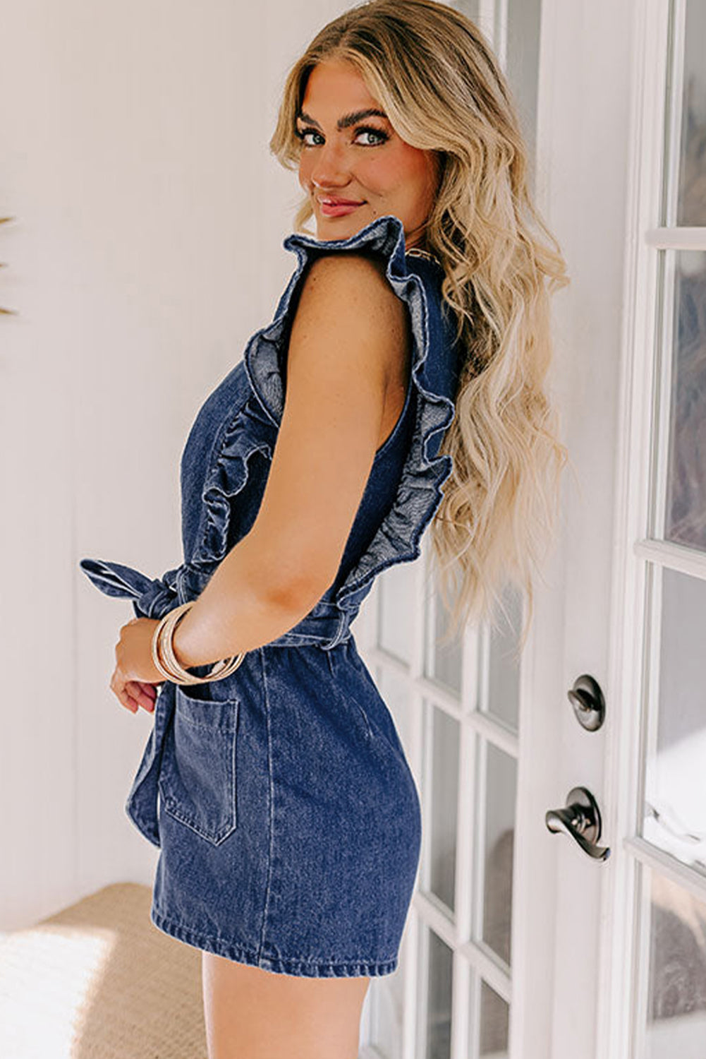 Sail Blue Denim Ruffled Zipped Front Belted Romper-Rompers-[Adult]-[Female]-2022 Online Blue Zone Planet