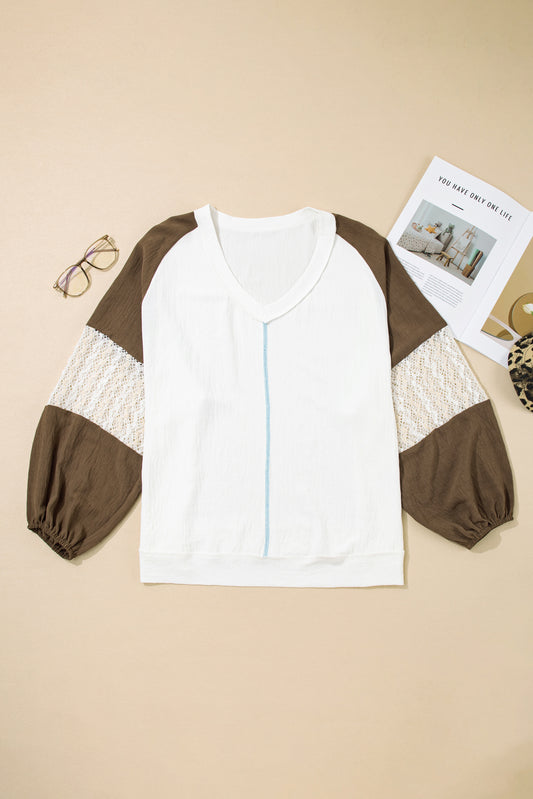 Green Colorblock Lace Patchwork Balloon Sleeve V Neck Plus Size Blouse-Plus Size/Plus Size Tops/Plus Size Blouses & Shirts-[Adult]-[Female]-Green-1X-2022 Online Blue Zone Planet