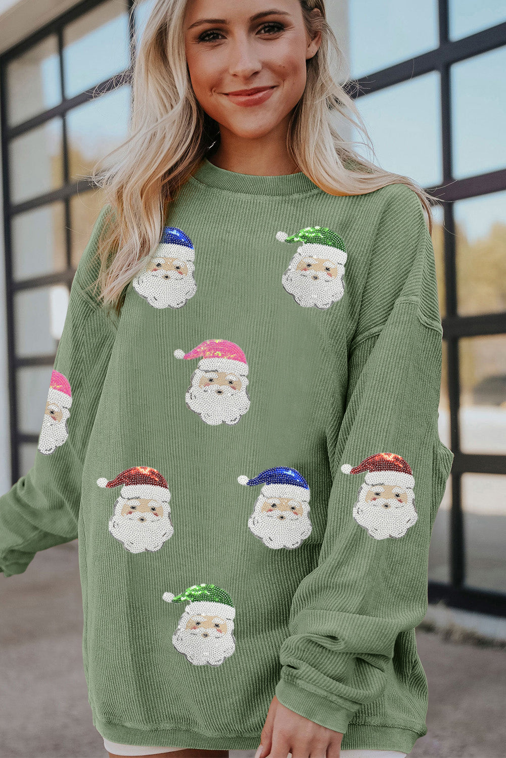 Grass Green Corded Ribbed Sequin Patched Santa Claus Graphic Sweatshirt-Graphic/Graphic Sweatshirts-[Adult]-[Female]-2022 Online Blue Zone Planet