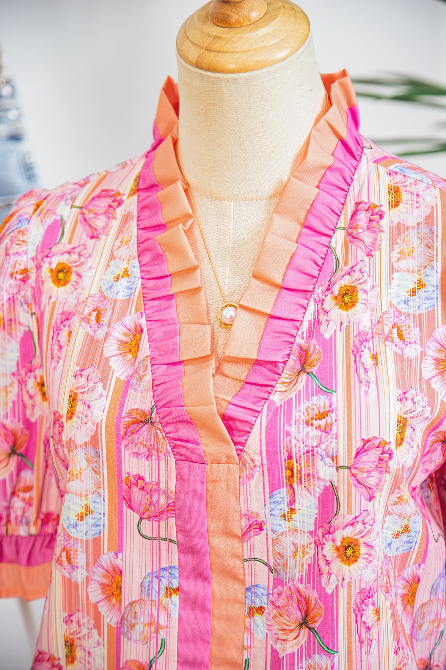 Pink Poppy Flower Striped Print Color Block Trim V Neck Short Sleeve Blouse-Tops/Blouses & Shirts-[Adult]-[Female]-2022 Online Blue Zone Planet