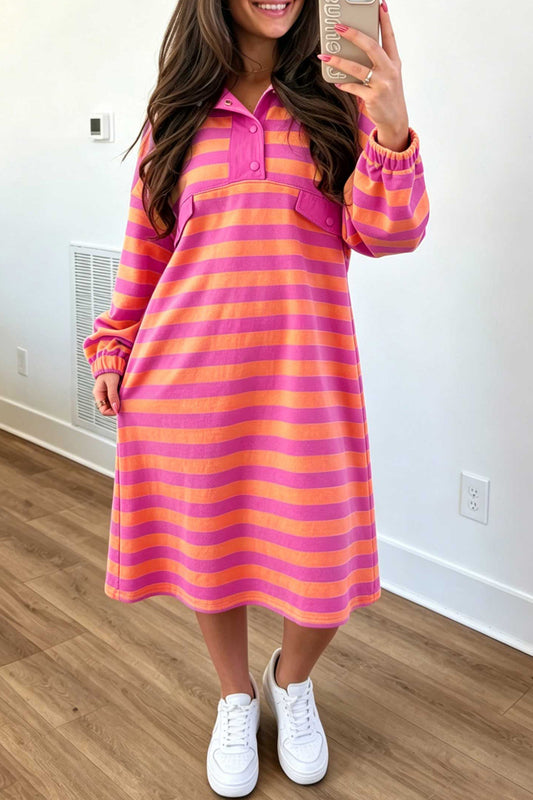 Rose Stripe Long Sleeve Polo Neck Midi Dress-Dresses/Midi Dresses-[Adult]-[Female]-Rose Stripe-S-2022 Online Blue Zone Planet