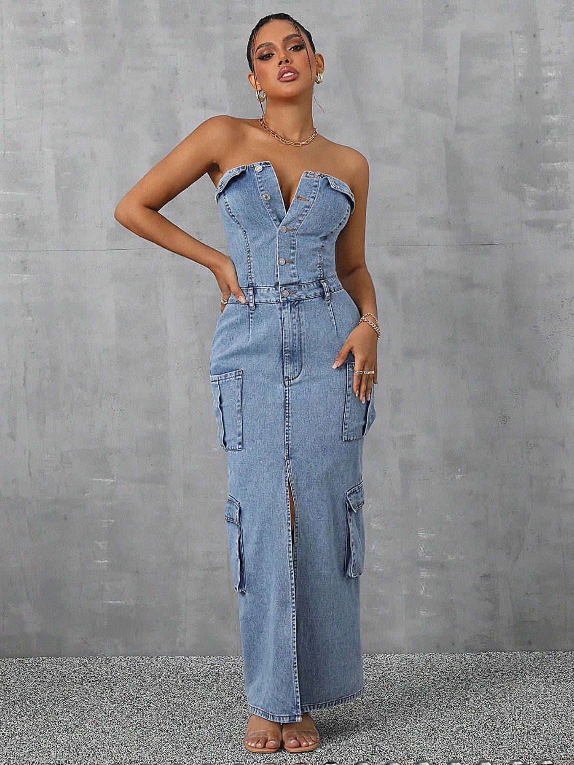 Blue Zone Planet | Slit Half Button Tube Denim Dress-TOPS / DRESSES-[Adult]-[Female]-Light-S-2022 Online Blue Zone Planet