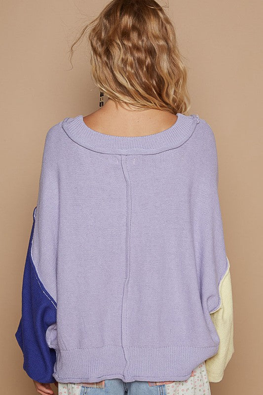 Blue Zone Planet | POL Exposed Seam Contrast V-Neck Lantern Sleeve Sweater-TOPS / DRESSES-[Adult]-[Female]-2022 Online Blue Zone Planet