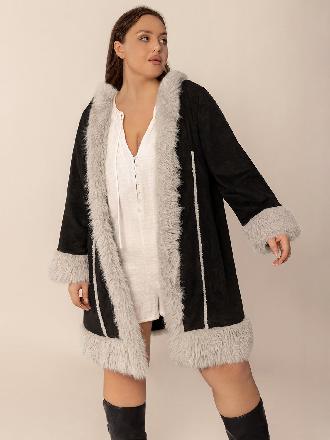 Blue Zone Planet | Plus Size Fuzzy Trim Open Front Long Sleeve Hooded Coat-TOPS / DRESSES-[Adult]-[Female]-2022 Online Blue Zone Planet