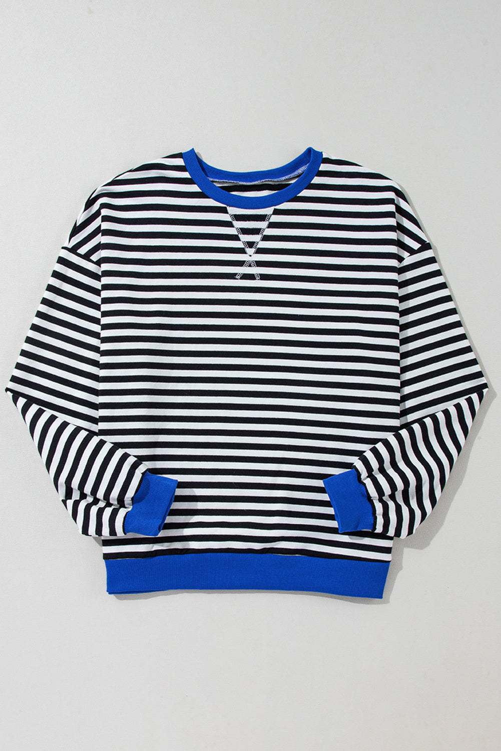 Sky Blue Stripe Oversized Contrast Trim Pullover Sweatshirt-Tops/Sweatshirts & Hoodies-[Adult]-[Female]-2022 Online Blue Zone Planet