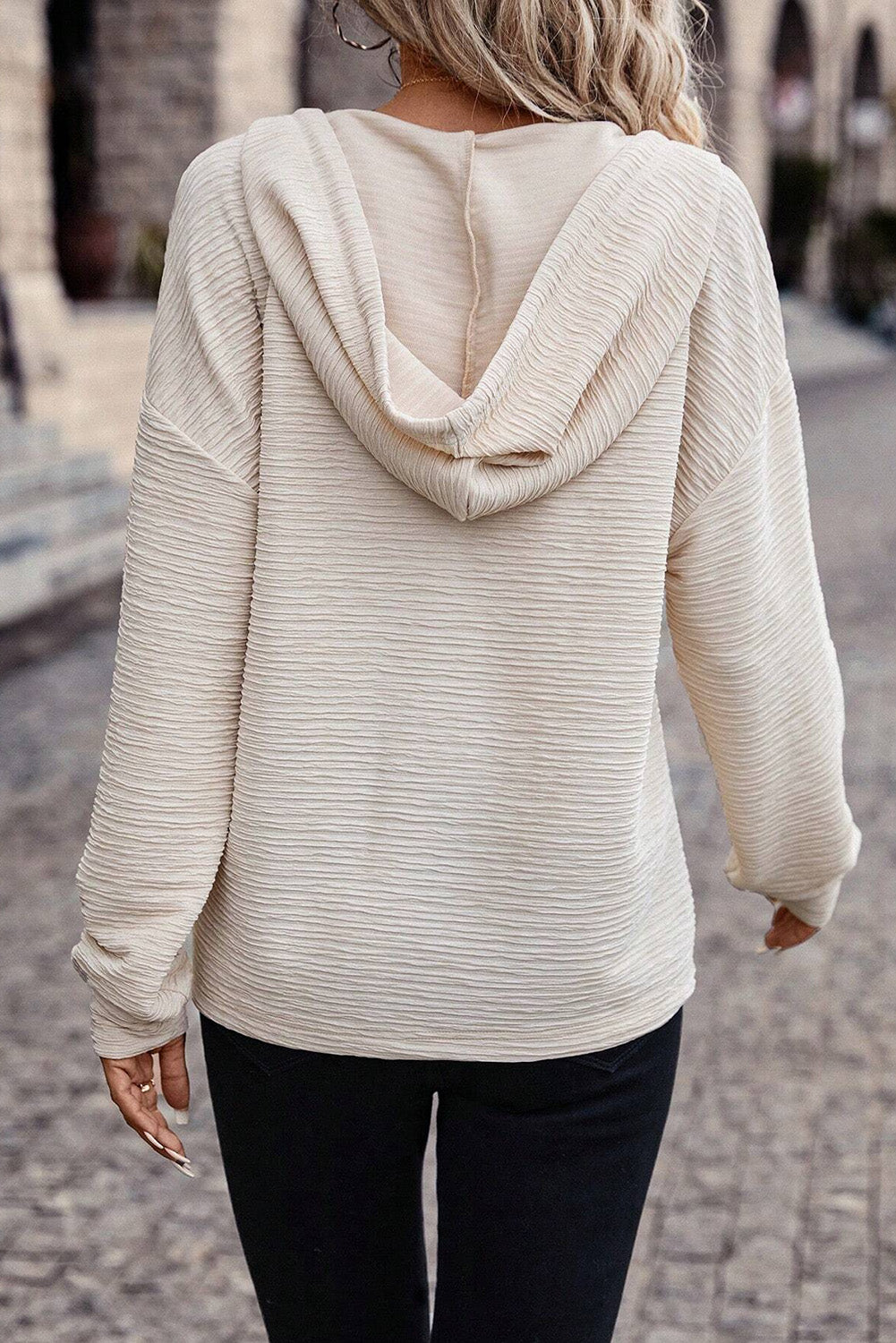 Apricot Solid Textured Drawstring Henley Hoodie-Tops/Sweatshirts & Hoodies-[Adult]-[Female]-2022 Online Blue Zone Planet
