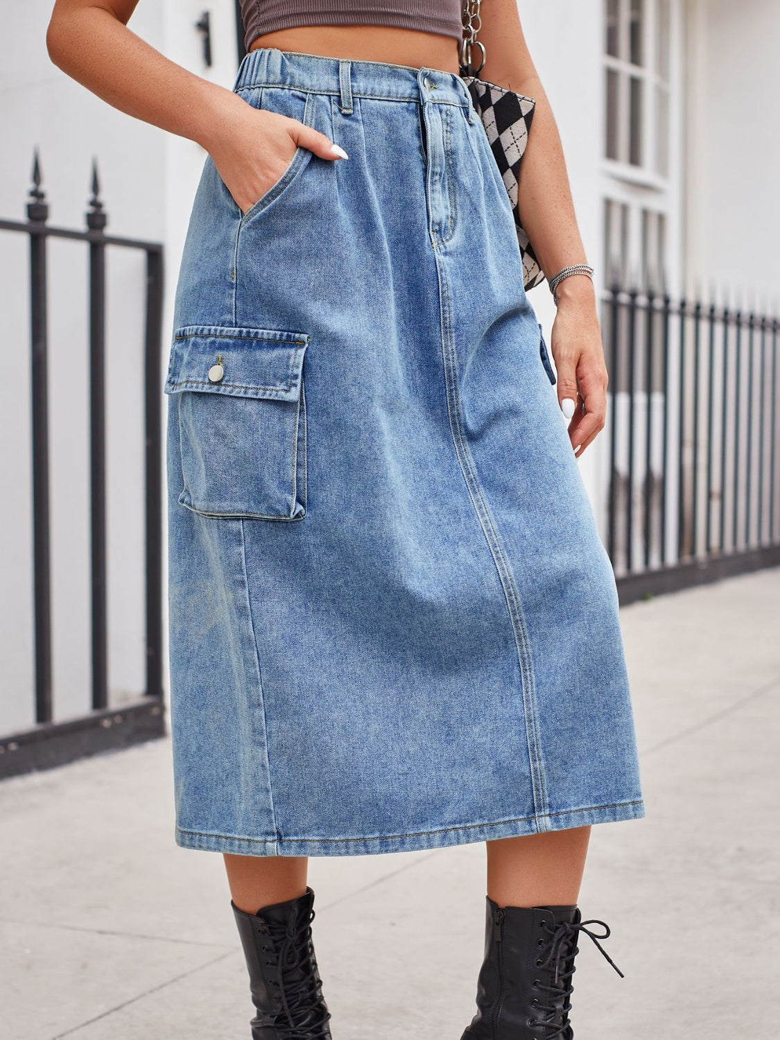 Slit Buttoned Denim Skirt with Pockets-BOTTOMS SIZES SMALL MEDIUM LARGETTOMS-[Adult]-[Female]-2022 Online Blue Zone Planet