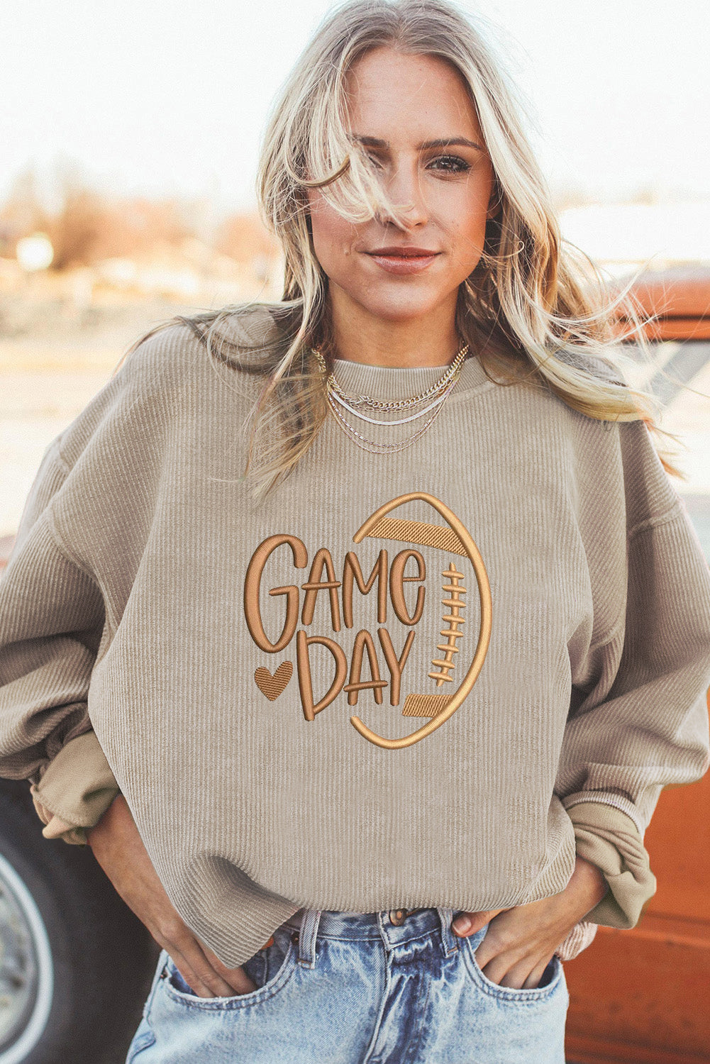Smoke Gray Twisted Rib Texture game day Rugby Embroidered Baggy Sweatshirt-Graphic/Graphic Sweatshirts-[Adult]-[Female]-2022 Online Blue Zone Planet