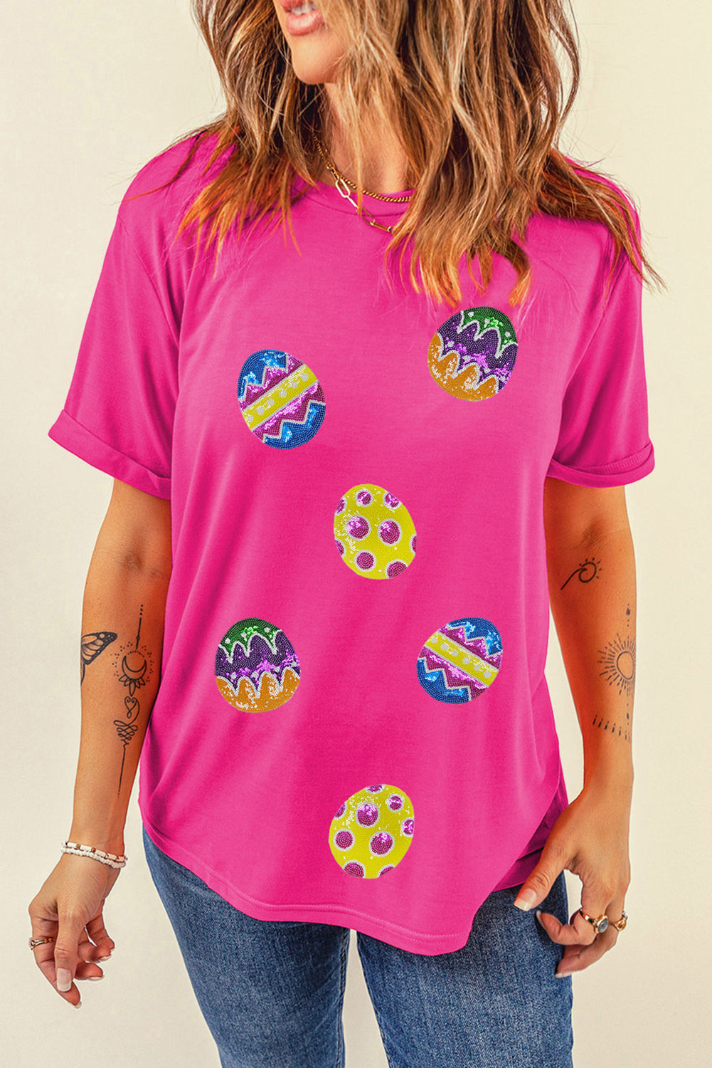 Rose Red Easter Eggs Patched Crew Neck Graphic Tee-Graphic/Graphic Tees-[Adult]-[Female]-2022 Online Blue Zone Planet