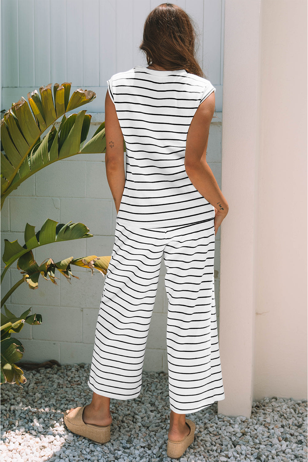 Black Stripe Casual Wide Leg 2pcs Pants Set-Two Piece Sets/Pant Sets-[Adult]-[Female]-2022 Online Blue Zone Planet