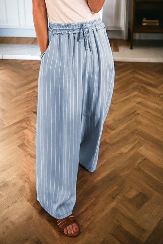 Sky Blue Stripe Chambray Wide Leg Tied Elastic Waist Trousers-Bottoms/Jeans-[Adult]-[Female]-Sky Blue Stripe-4-2022 Online Blue Zone Planet