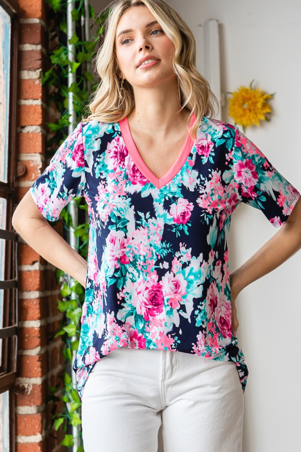 Blue Zone Planet | Heimish Full Size Floral V-Neck Short Sleeve T-Shirt-TOPS / DRESSES-[Adult]-[Female]-2022 Online Blue Zone Planet