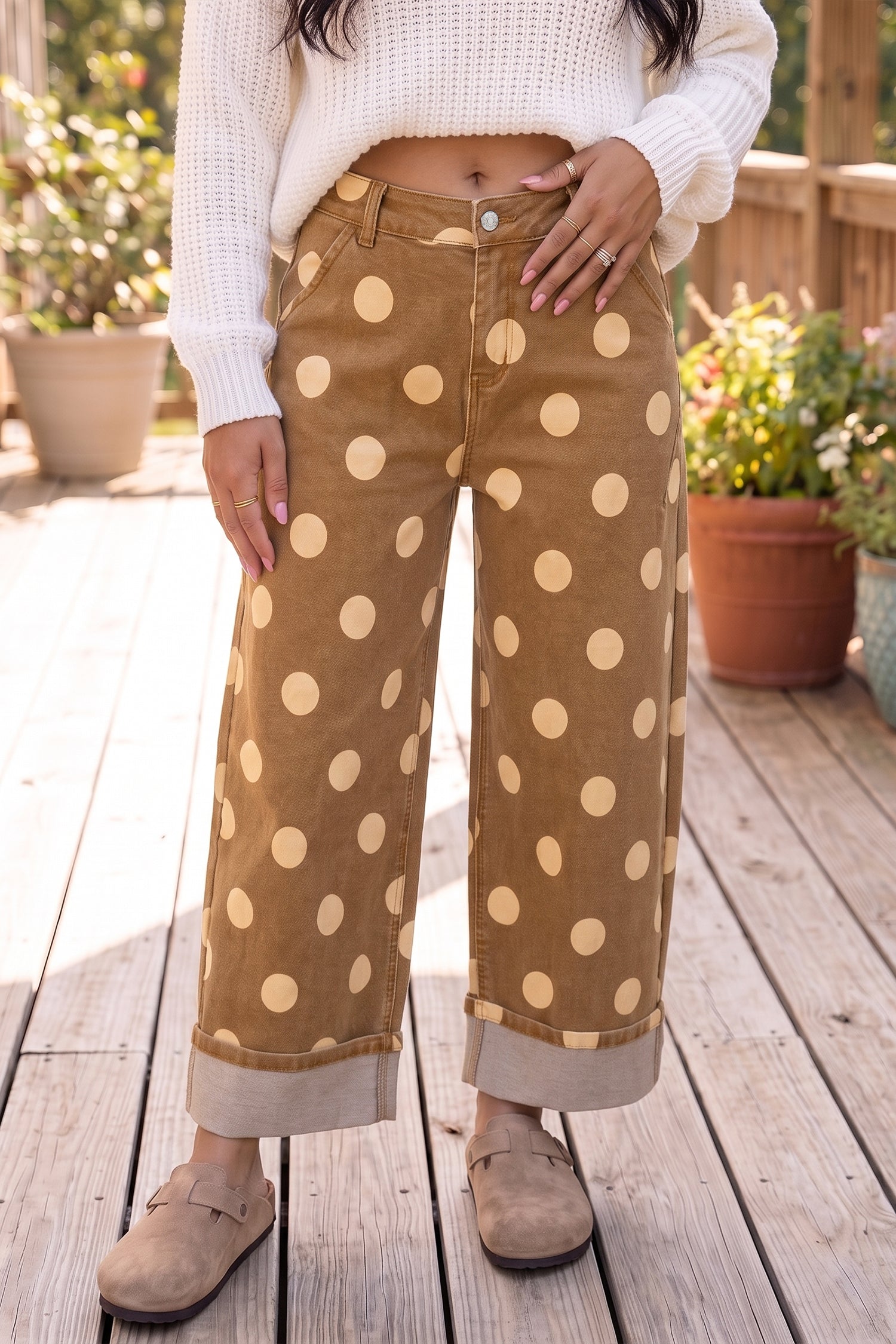 Sky Blue Polka Dot Ankle-Length Metal Button Casual Jeans-Bottoms/Jeans-[Adult]-[Female]-2022 Online Blue Zone Planet