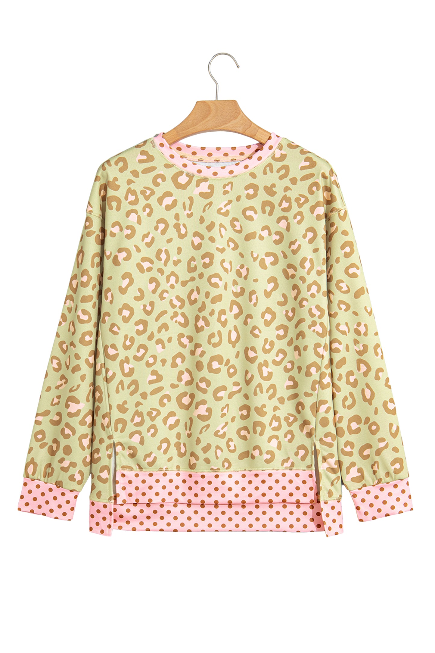 Pink Leopard Polka Dot Colorblock Trim Long Sleeve Top-Tops/Long Sleeve Tops-[Adult]-[Female]-2022 Online Blue Zone Planet