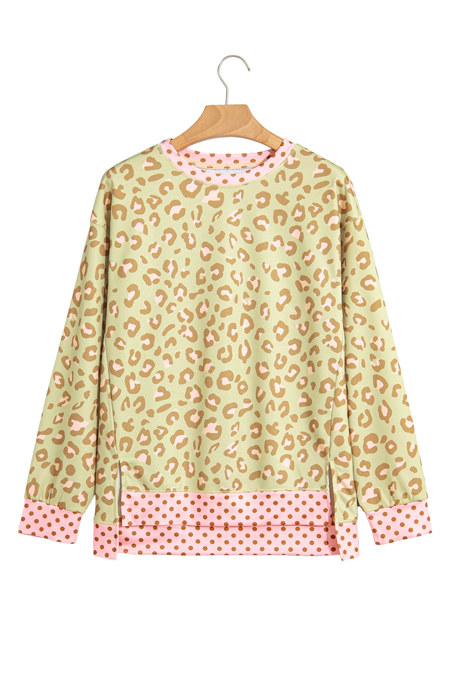 Pink Leopard Polka Dot Colorblock Trim Long Sleeve Top-Tops/Long Sleeve Tops-[Adult]-[Female]-2022 Online Blue Zone Planet