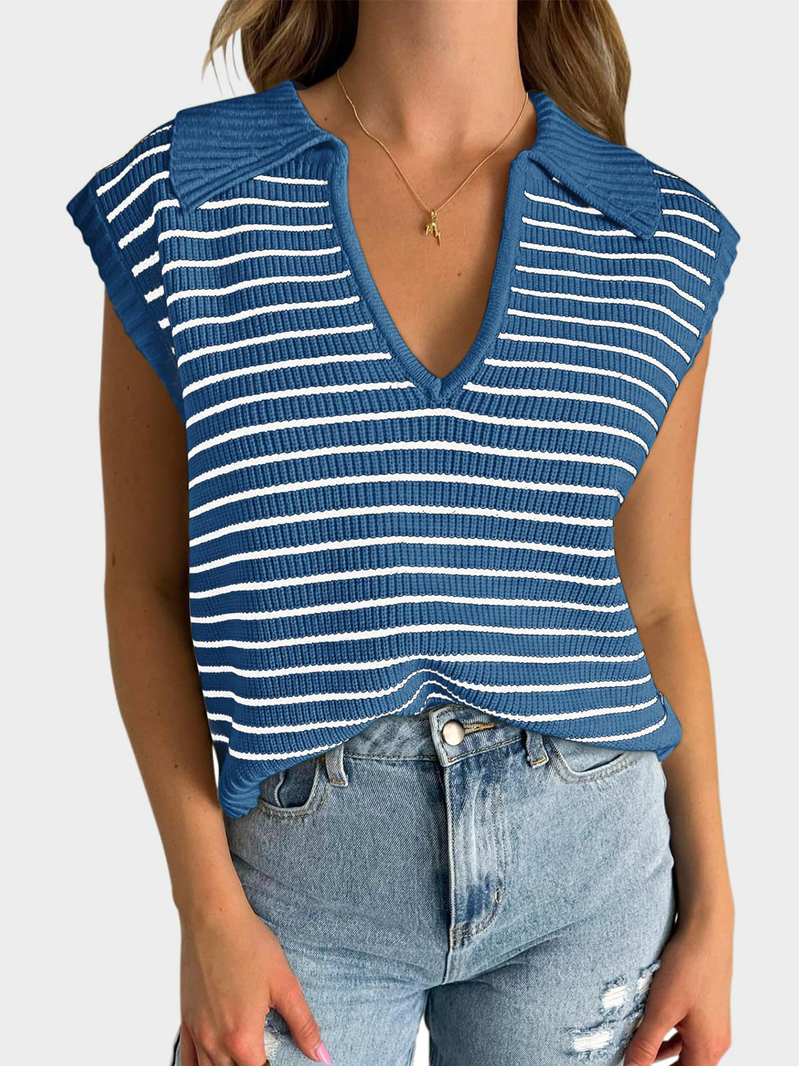 Blue Zone Planet | Mandy Collared Neck Striped Sweater Vest-TOPS / DRESSES-[Adult]-[Female]-Blue-S-2022 Online Blue Zone Planet