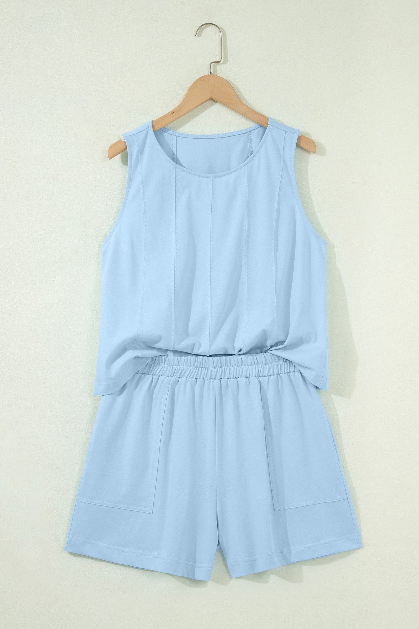 Mist Blue Stitched Detail Loose Tank Top 2pcs Short Set-Two Piece Sets/Short Sets-[Adult]-[Female]-2022 Online Blue Zone Planet