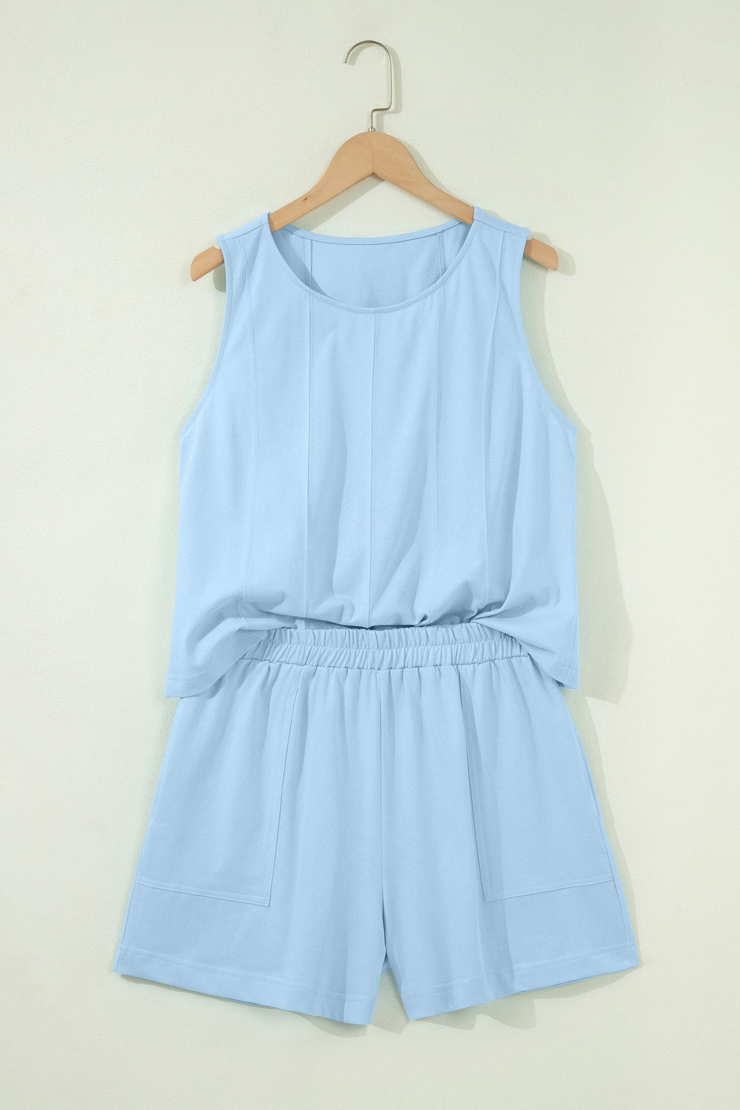 Mist Blue Stitched Detail Loose Tank Top 2pcs Short Set-Two Piece Sets/Short Sets-[Adult]-[Female]-2022 Online Blue Zone Planet
