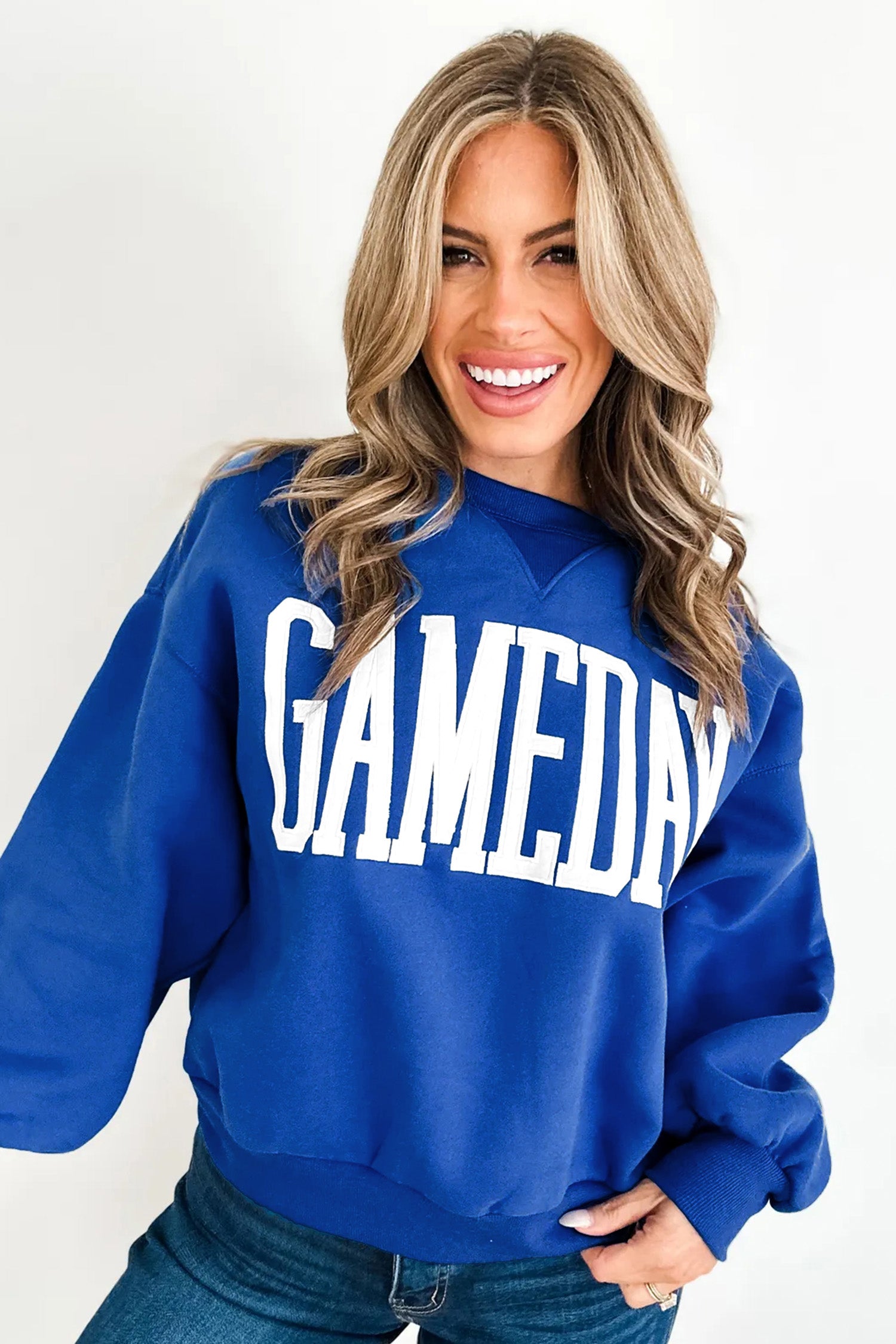 Sky Blue GAMEDAY Embroidered Patch Pattern Casual Shift Sweatshirt-Tops/Sweatshirts & Hoodies-[Adult]-[Female]-2022 Online Blue Zone Planet