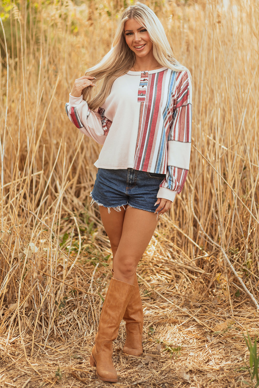 Beige Striped Waffle Patchwork Exposed Seam Raw Edge Casual Knit Top-Tops/Blouses & Shirts-[Adult]-[Female]-2022 Online Blue Zone Planet