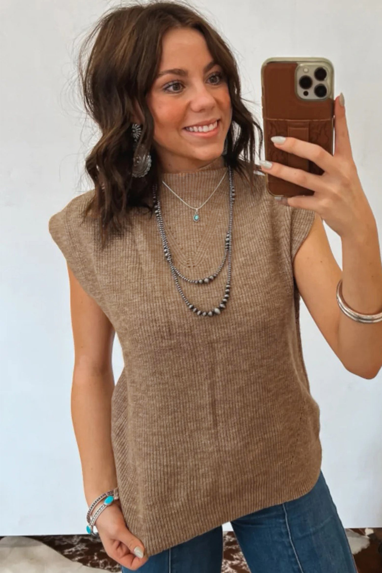 Light French Beige Solid Color Ribbed Knit Mock Neck Loose Sleeveless Sweater-TOPS / DRESSES-[Adult]-[Female]-2022 Online Blue Zone Planet