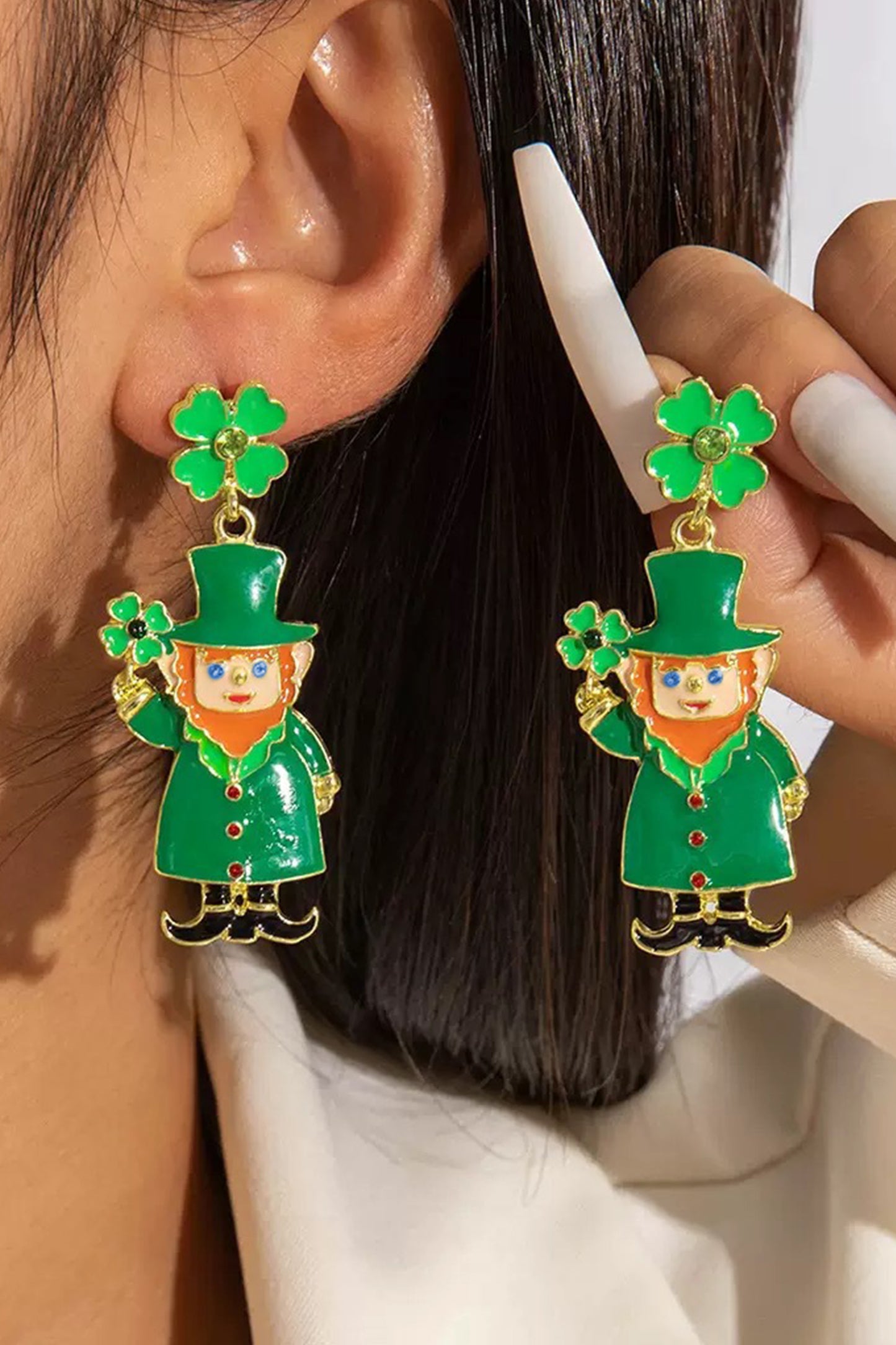 Dark Green St Patricks Day Enameled Leprechaun Drop Earrings-Accessories/Jewelry-[Adult]-[Female]-Dark Green-ONE SIZE-2022 Online Blue Zone Planet