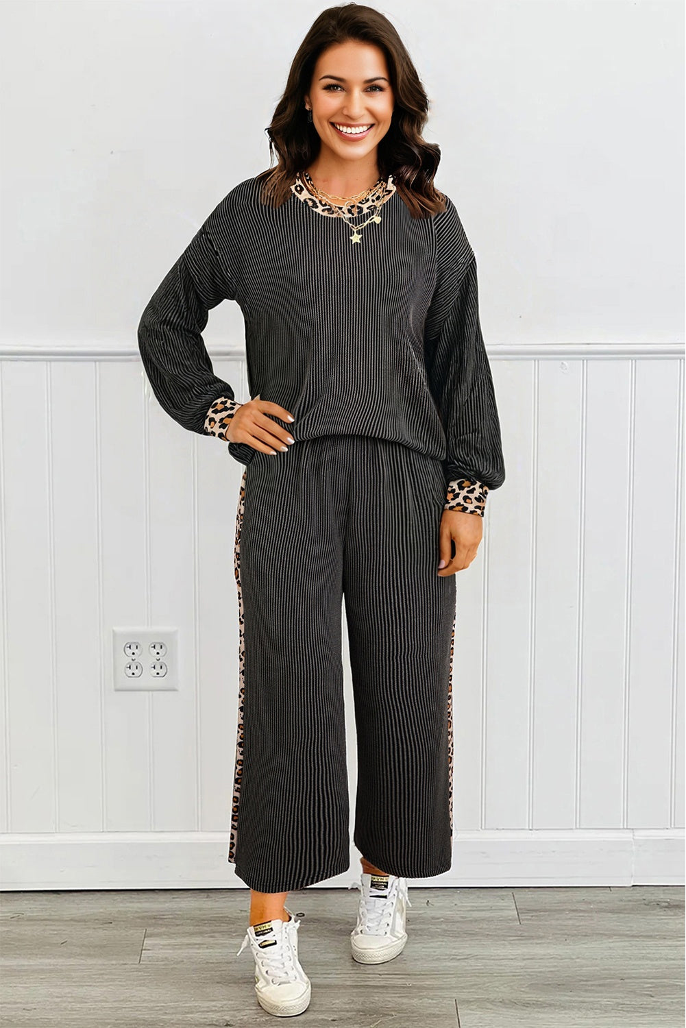 Carbon Grey Twisted Rib Texture Leopard Patchwork Detail 2pcs Pant Set-Two Piece Sets/Pant Sets-[Adult]-[Female]-2022 Online Blue Zone Planet