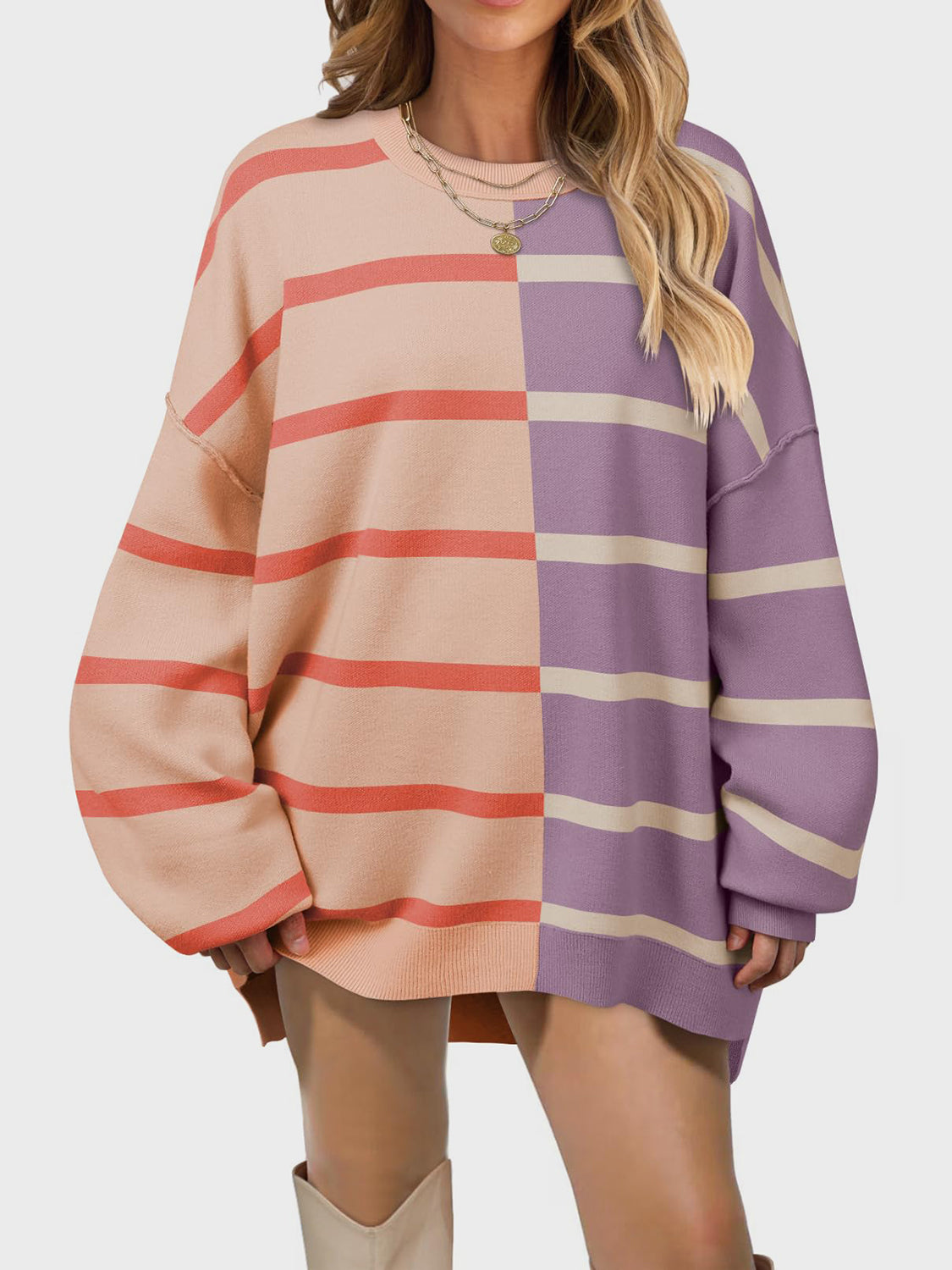 Striped Round Neck Long Sleeve Sweater-TOPS / DRESSES-[Adult]-[Female]-2022 Online Blue Zone Planet