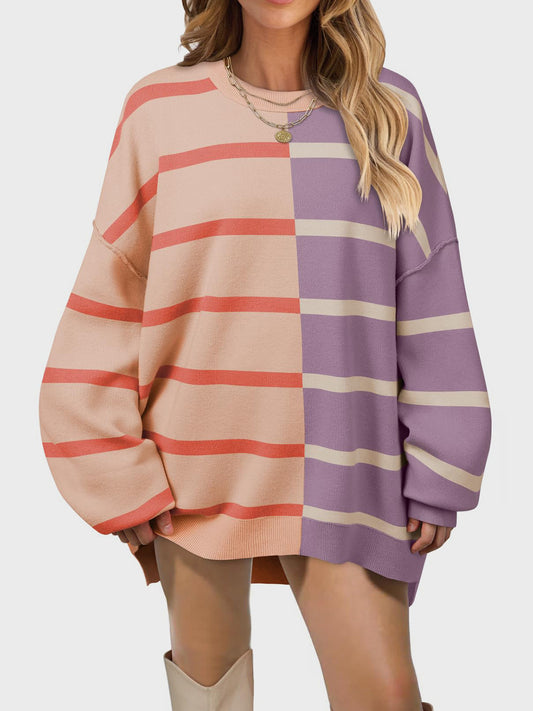 Striped Round Neck Long Sleeve Sweater-TOPS / DRESSES-[Adult]-[Female]-2022 Online Blue Zone Planet