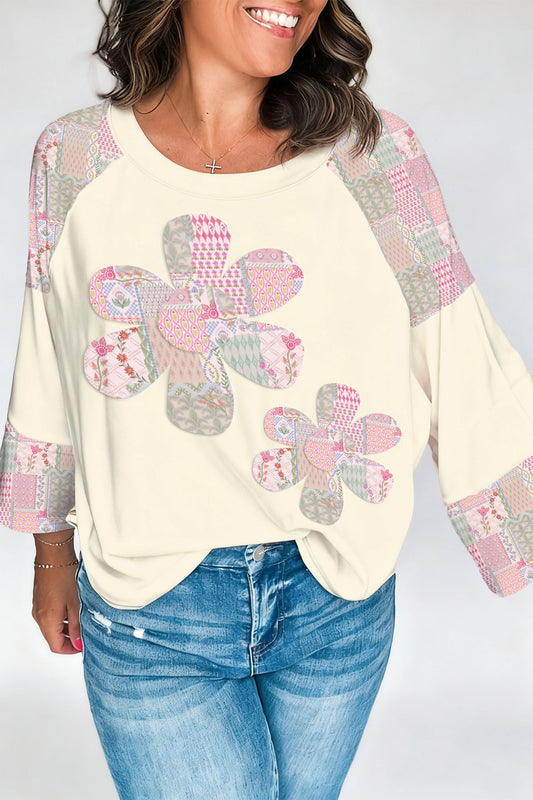 Beige Color Block Retro Floral Patchwork Long Sleeve Top-Tops/Long Sleeve Tops-[Adult]-[Female]-Beige-S-2022 Online Blue Zone Planet