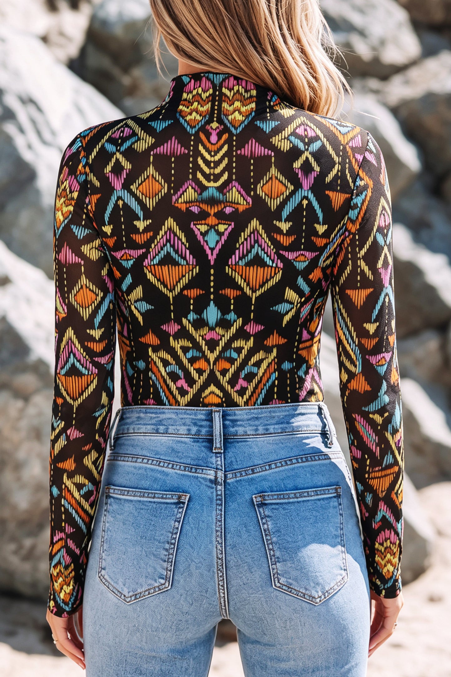 Color Black Abstract Print Long Sleeve Stand Neck Mesh Top-Tops/Long Sleeve Tops-[Adult]-[Female]-2022 Online Blue Zone Planet