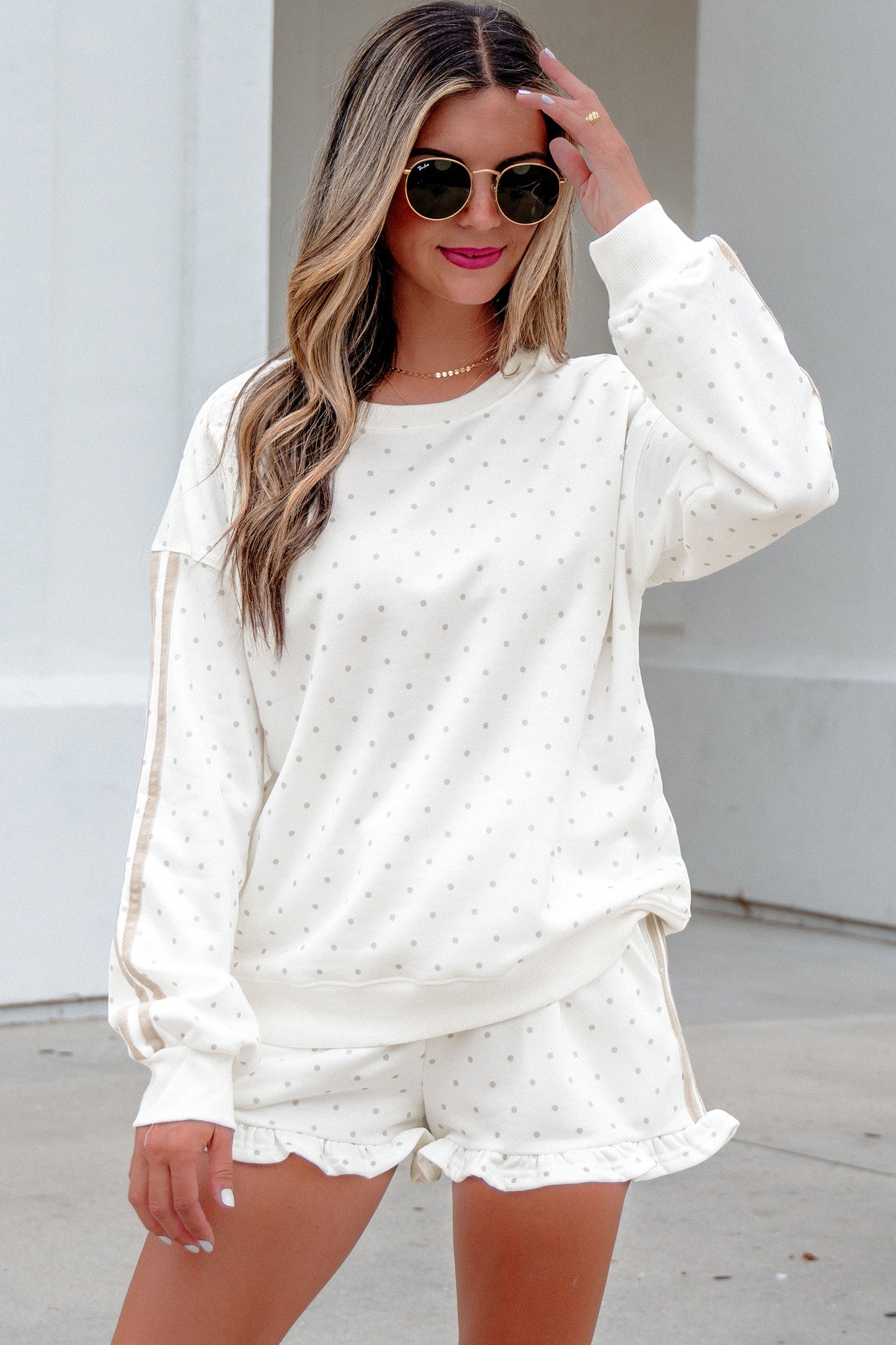 White Polka Dot Print Side Stripe Detail Casual Sweatshirt 2pcs Short Set-Two Piece Sets/Short Sets-[Adult]-[Female]-2022 Online Blue Zone Planet