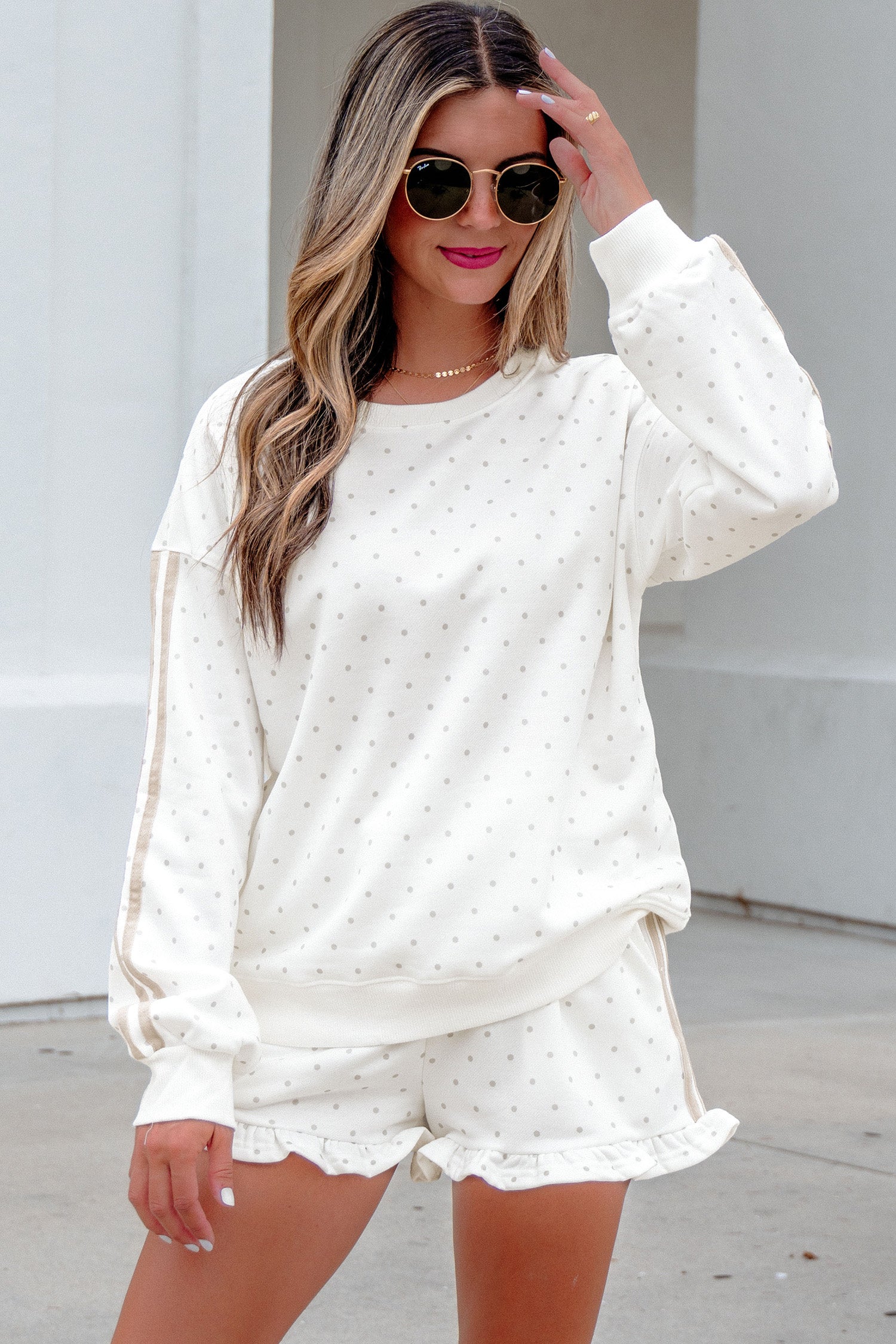 White Polka Dot Print Side Stripe Detail Casual Sweatshirt 2pcs Short Set-Two Piece Sets/Short Sets-[Adult]-[Female]-2022 Online Blue Zone Planet