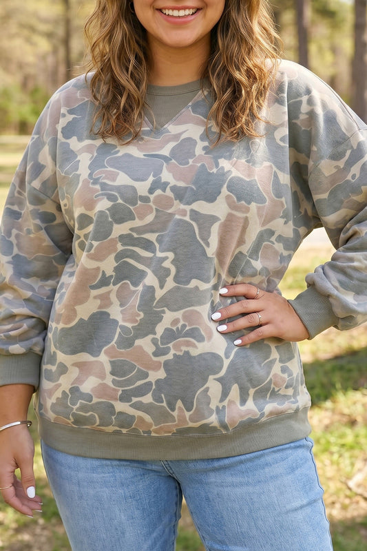 Multicolour Camouflage Print Shift Silhouette Long Sleeve Plus Size Sweatshirt-Plus Size/Plus Size Sweatshirts & Hoodies-[Adult]-[Female]-Multicolour-1X-2022 Online Blue Zone Planet