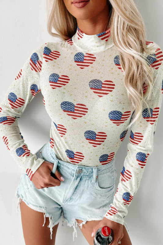 US Flag Heart Mock Neck Long Sleeve Bodysuit-TOPS / DRESSES-[Adult]-[Female]-White-S-2022 Online Blue Zone Planet