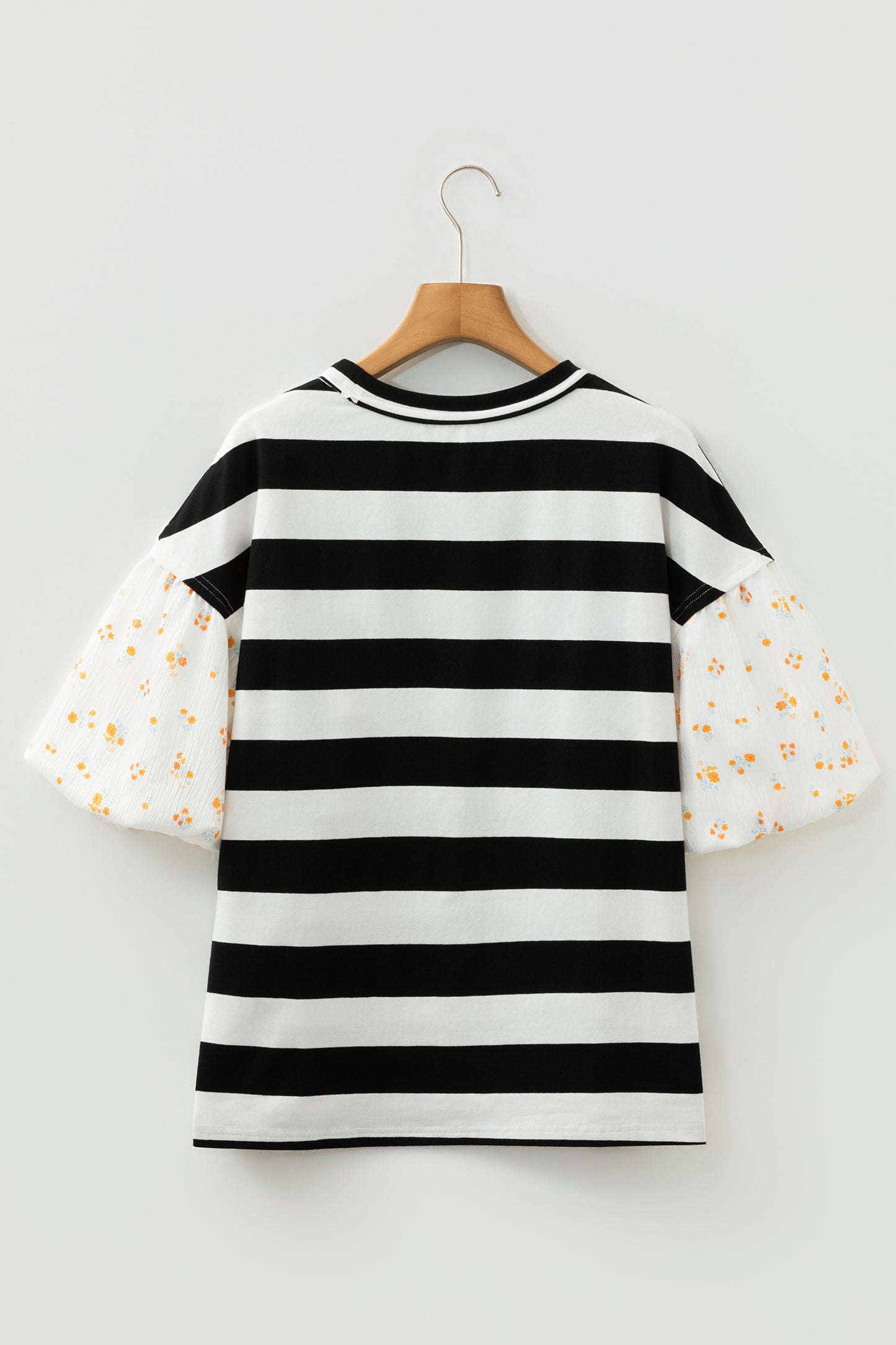 Black Stripe Floral Print Puff Sleeve Patchwork Blouse-Tops/Blouses & Shirts-[Adult]-[Female]-2022 Online Blue Zone Planet