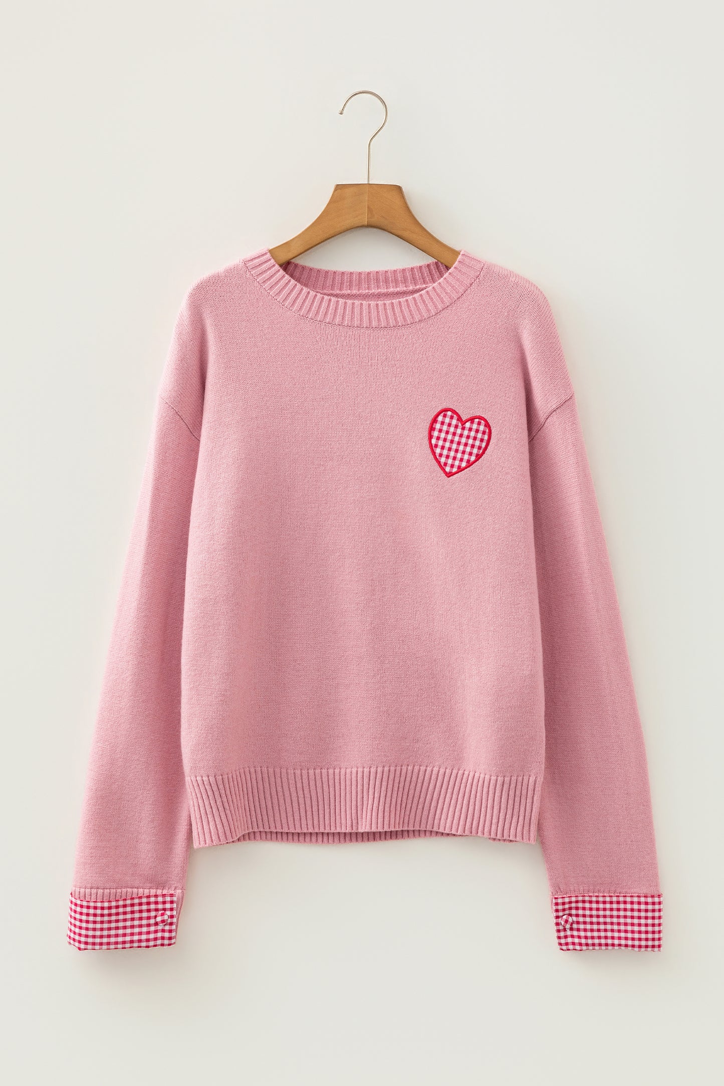 Light Pink Plaid Heart Embroidered Cuffed Drop Shoulder Crew Neck Sweater-Sweaters & Cardigans/Sweaters-[Adult]-[Female]-2022 Online Blue Zone Planet