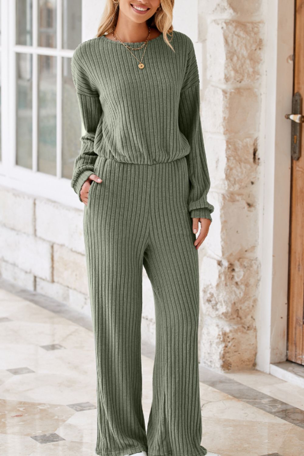 Round Neck Long Sleeve Jumpsuit-TOPS / DRESSES-[Adult]-[Female]-Sage-S-2022 Online Blue Zone Planet