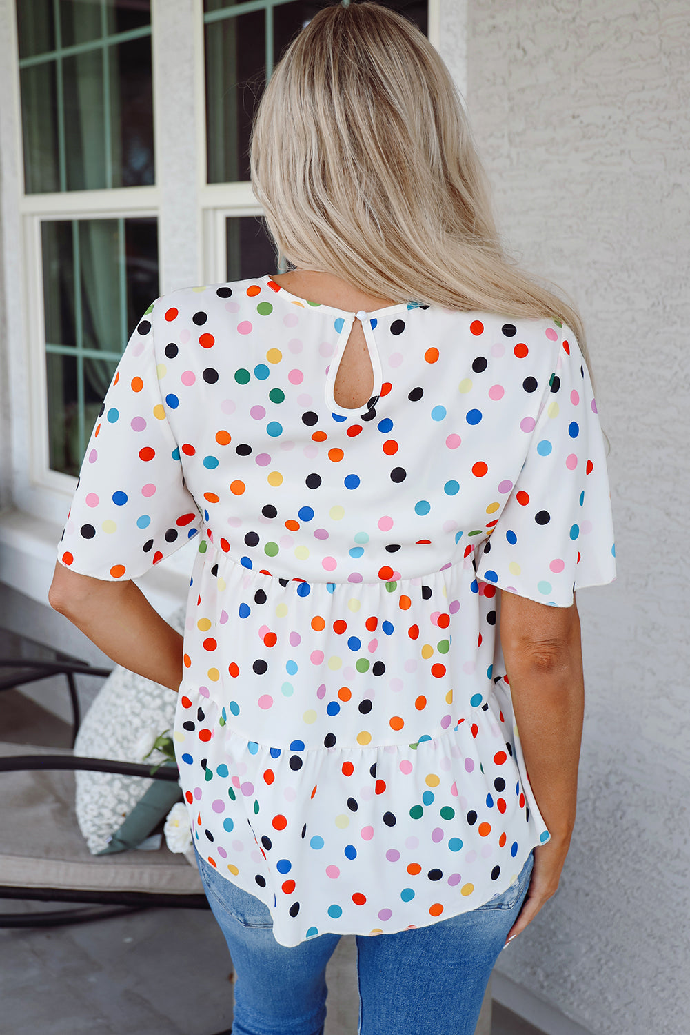 White Colorful Polka Dot Short Sleeve Tiered Ruffled Babydoll Blouse-Tops/Blouses & Shirts-[Adult]-[Female]-2022 Online Blue Zone Planet