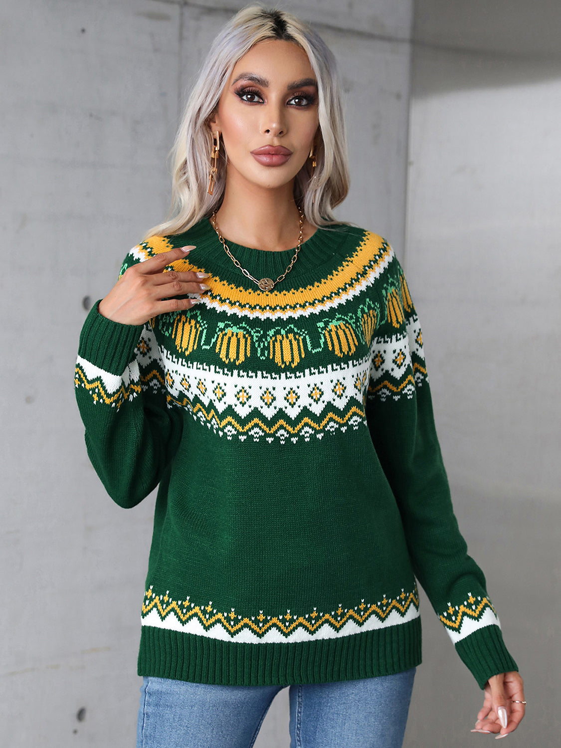 Angel Wings Geometric Round Neck Long Sleeve Sweater-TOPS / DRESSES-[Adult]-[Female]-Dark Green-S-2022 Online Blue Zone Planet