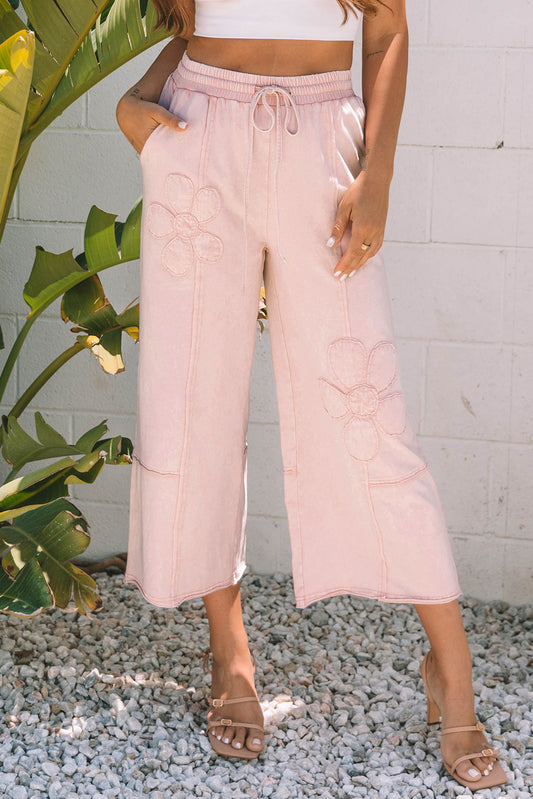 Pink Flower Patch Mineral Washed Terry Knit Cropped Wide Leg Pants-Bottoms/Pants & Culotte-[Adult]-[Female]-Pink-S-2022 Online Blue Zone Planet