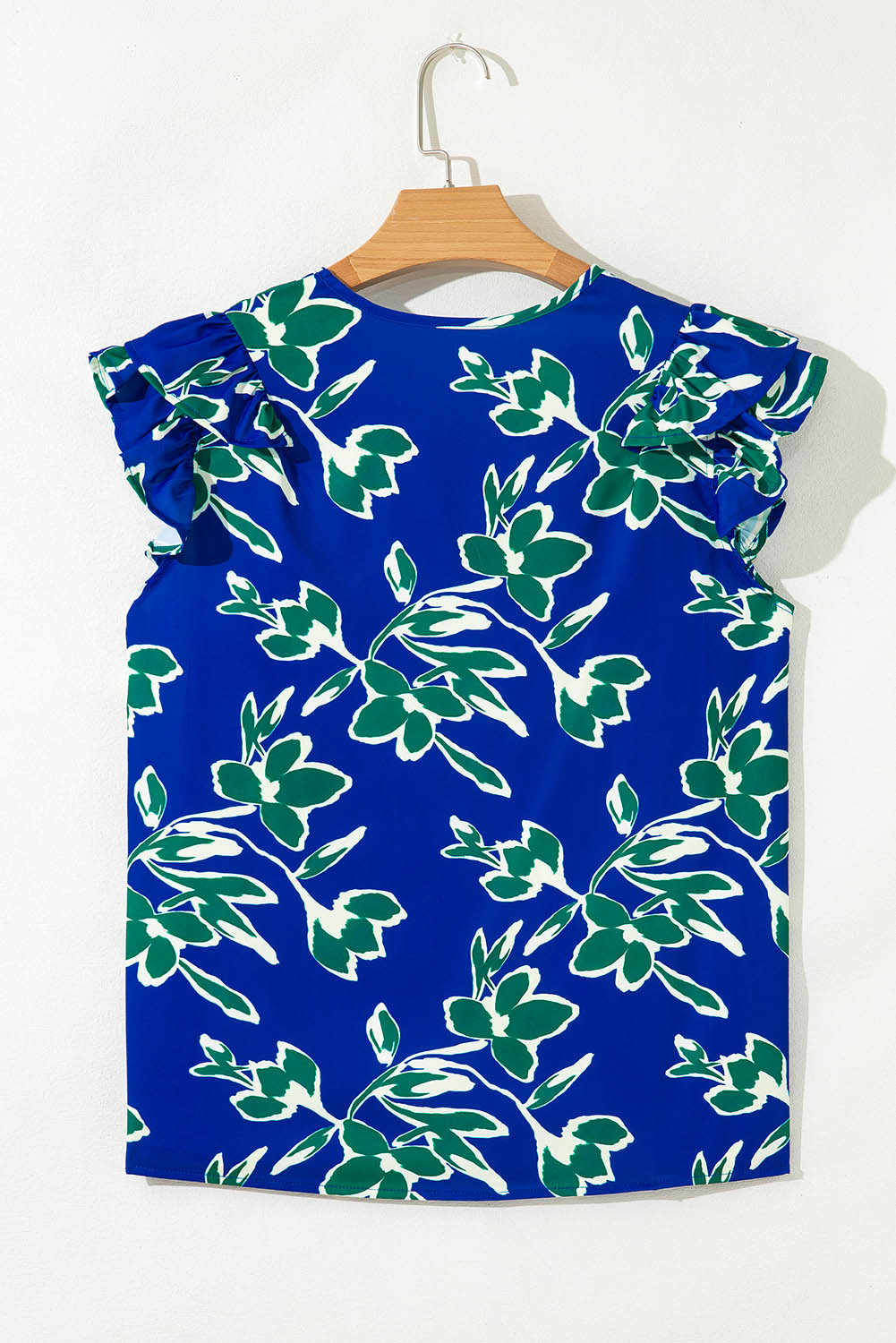 Blue V Neck Floral Print Double Ruffled Short Sleeve Blouse-Tops/Blouses & Shirts-[Adult]-[Female]-2022 Online Blue Zone Planet