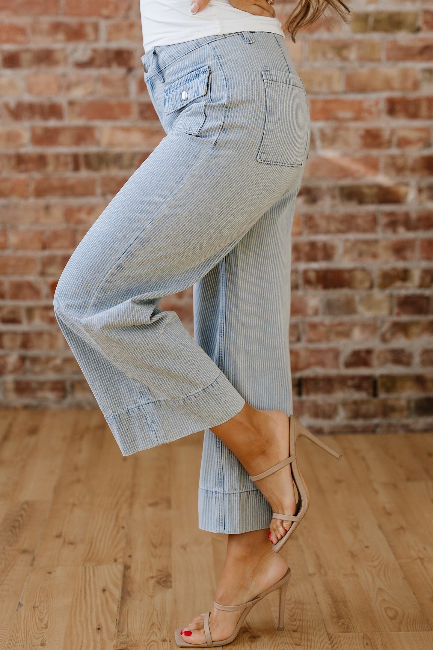 Sky Blue Stripe Button Flap Pocket Cuffed Hem Wide Leg Jeans-Bottoms/Jeans-[Adult]-[Female]-2022 Online Blue Zone Planet