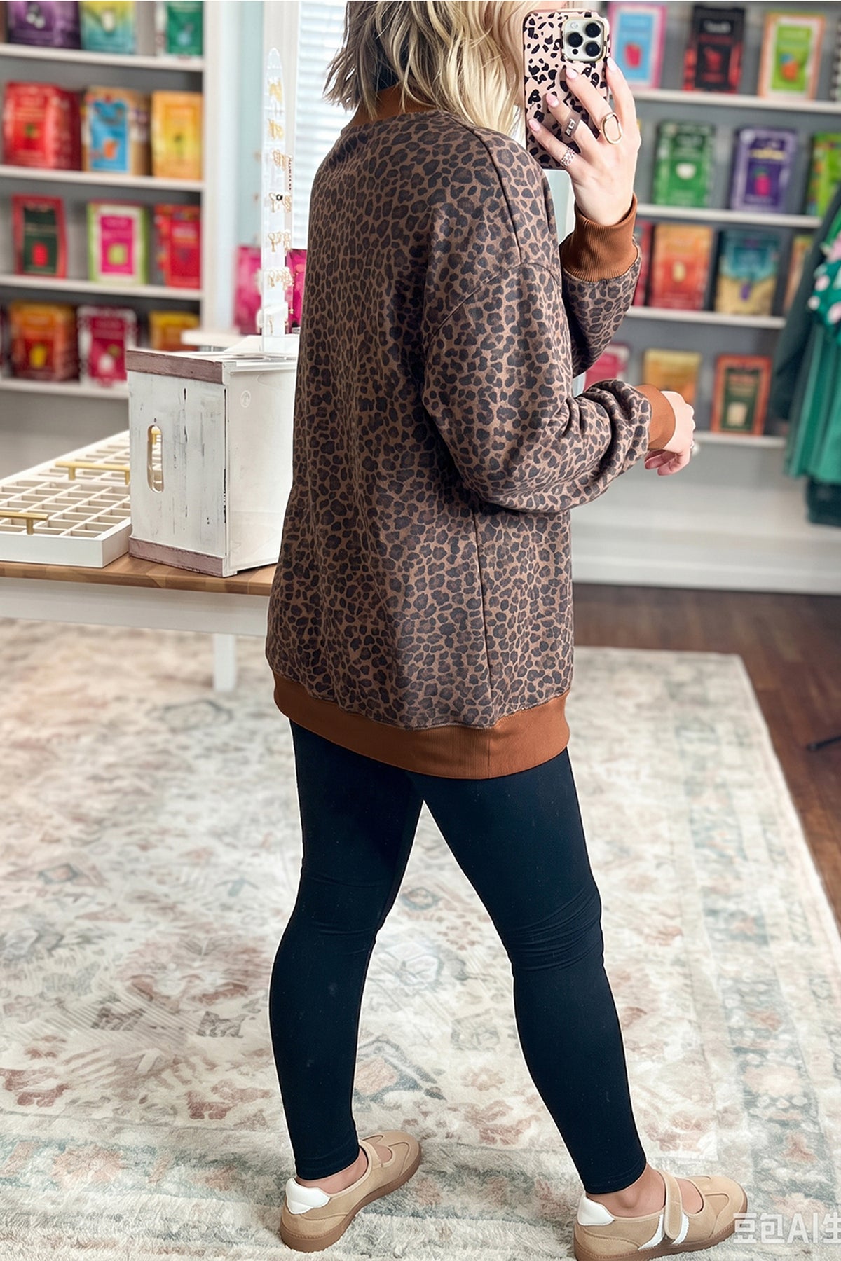 Brown Leopard Print High Neck Long Sleeve Ribbed Cuffs Hem Sweatshirt