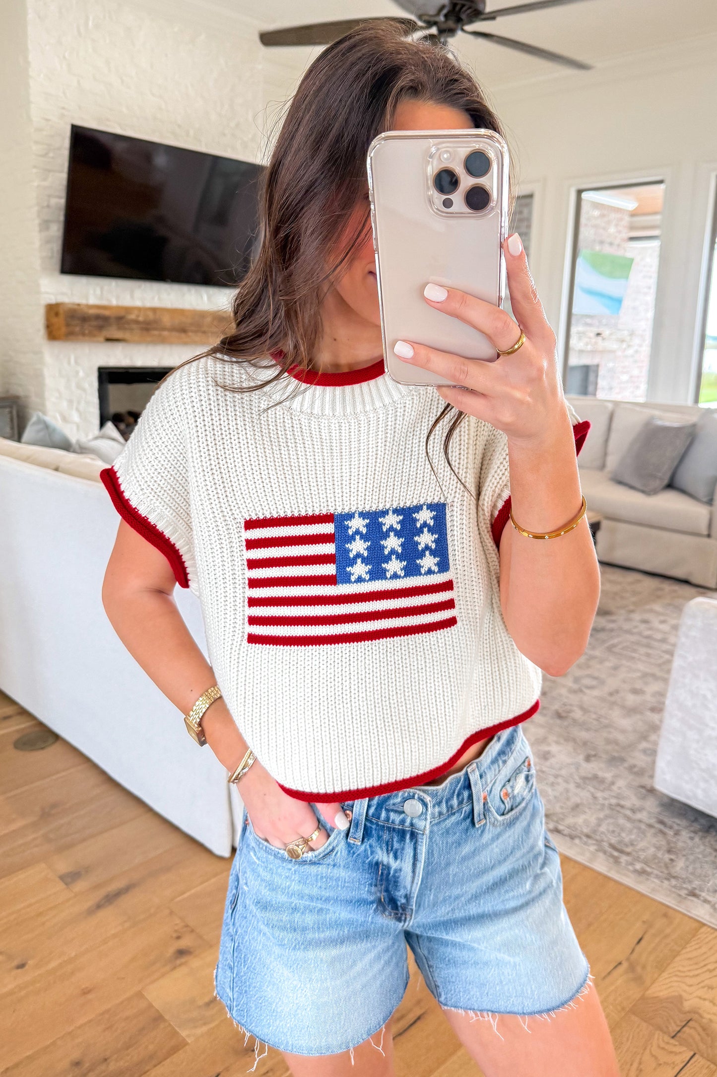 White Flag Print Cropped Short Sleeve Sweater-Sweaters & Cardigans/Short Sleeve Sweaters-[Adult]-[Female]-2022 Online Blue Zone Planet