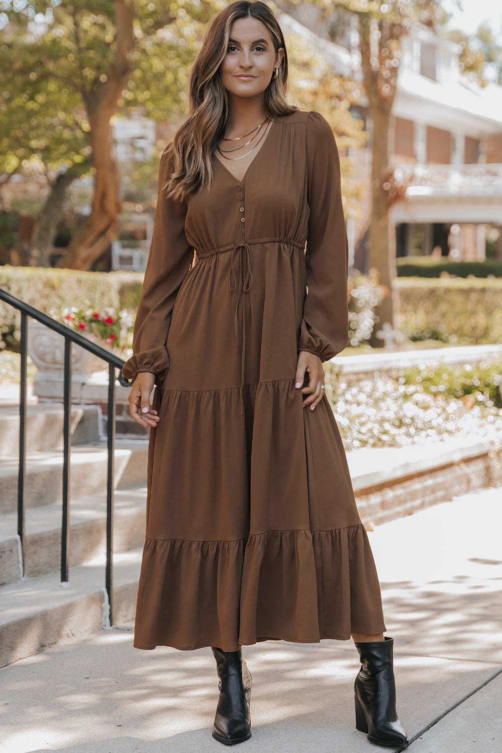 Chestnut Solid Long Sleeve Button V Neck Tiered Maxi Dress-Dresses/Maxi Dresses-[Adult]-[Female]-2022 Online Blue Zone Planet