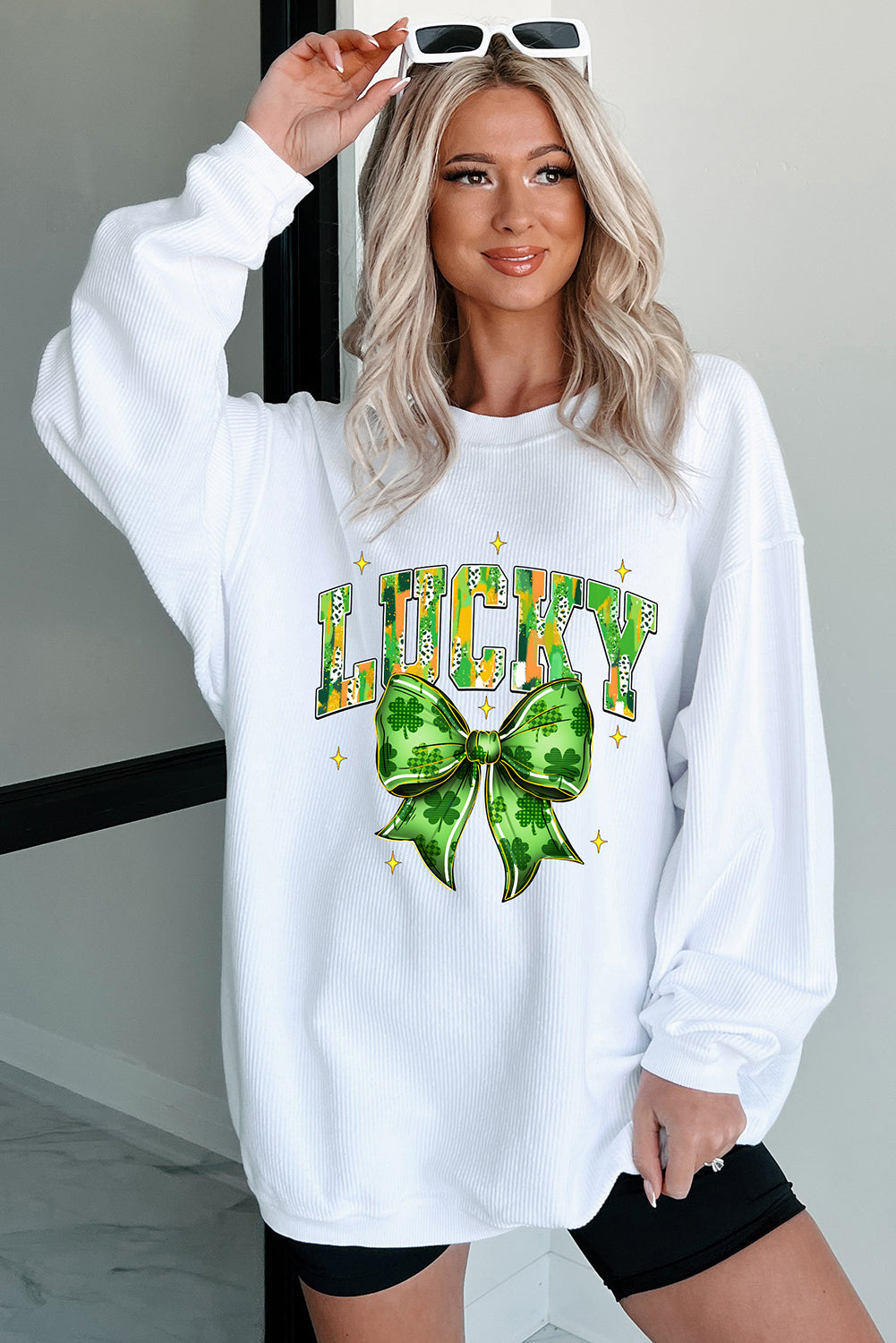 White LUCKY Clover Bow Printed St Patricks Corded Sweatshirt-Graphic Sweatshirts-[Adult]-[Female]-2022 Online Blue Zone Planet