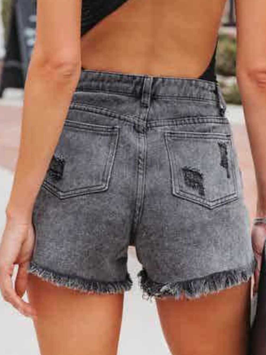 Blue Zone Planet | Distressed Fringe Denim Shorts with Pockets-TOPS / DRESSES-[Adult]-[Female]-2022 Online Blue Zone Planet